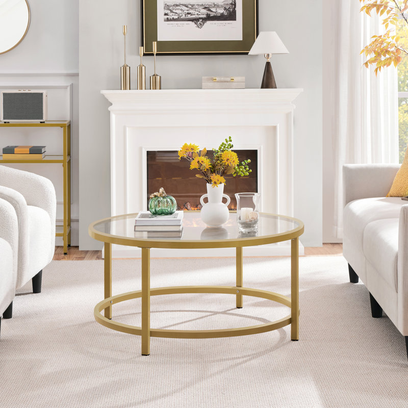 Cellestine Round Glass Coffee Table, Gold, 18" H x 36" L x 36" W