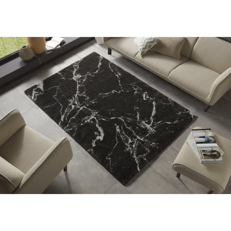 Mayrin Design High Pile Shaggy Black/White Rug, Rectangle 200 x 290cm