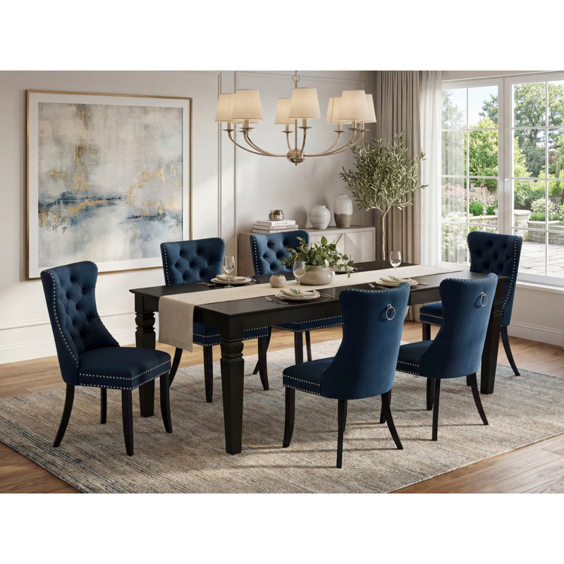 7 Piece Dining Set Consists of a Rectangle Kitchen Table with Butterfly Leaf and 6 Polyester Fabric Upholstered Chairs, Black