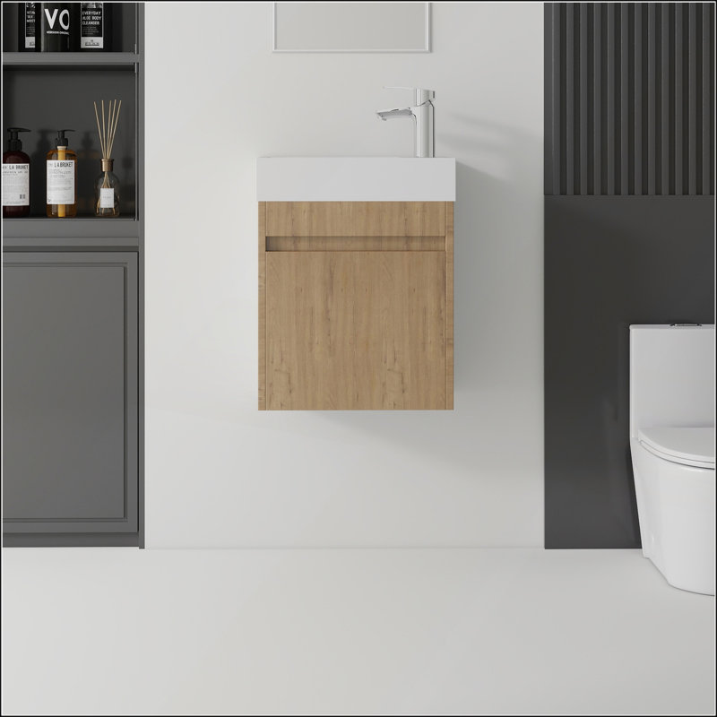 Meuble-lavabo flottant de 18 pouces avec porte à fermeture en douceur, lavabo en céramique et contreplaqué durable pour espaces compacts