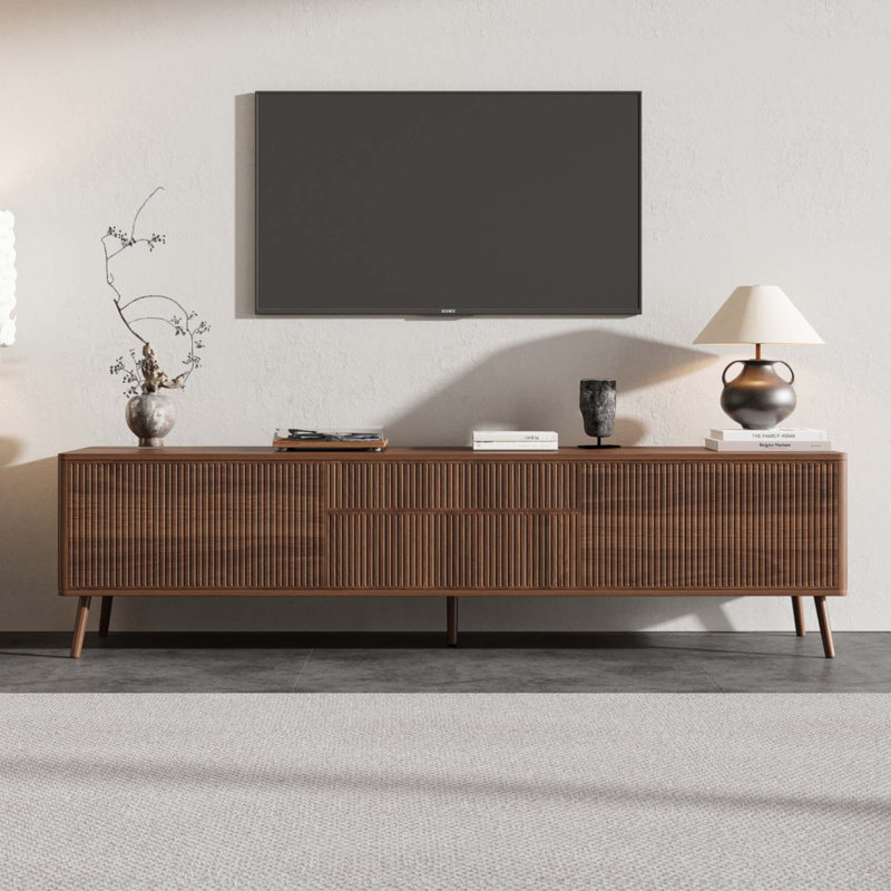 70‑Inch Fluted TV Stand for TVs up to 80", Modern Entertainment Center with Storage Drawers & Cabinets, Cable Management, Solid Wood Legs and Soft‑Close Hinges for Living Room