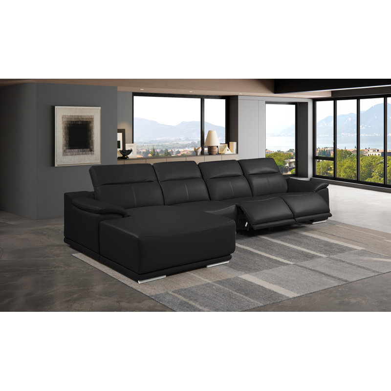 Canapé modulaire en forme de L noir en cuir véritable 4 pièces avec 2 fauteuils inclinables électriques et appuis-tête réglables noirs