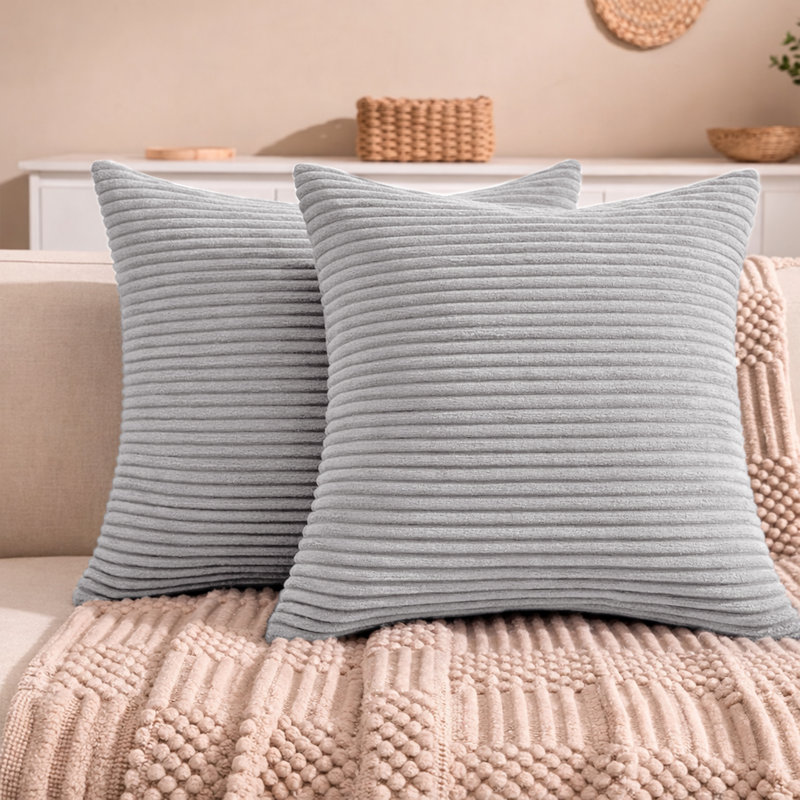 Aspire Homeware Striped Square Velvet Cushion Cover, Silver, Pack of 2