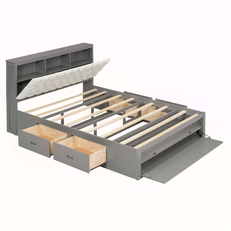 Grand lit plateforme en bois avec tête de lit avec rangement, étagère à chaussures et 4 tiroirs, gris