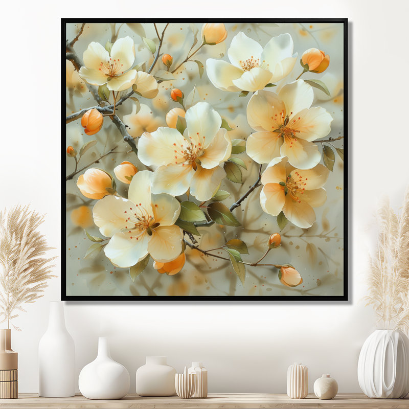 «Yellow Apple Blossom Spring Symphony», reproduction d'art murale, H 36 po x l 36 po, Cadre flottant noir