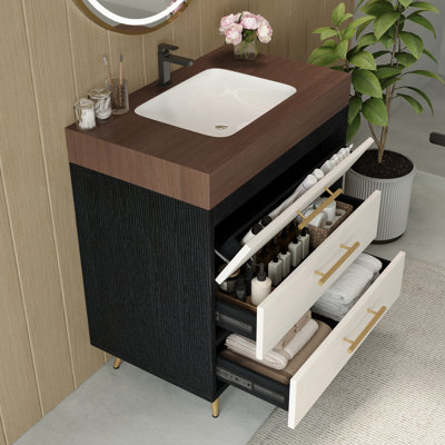 Caelith Modern Free-Standing Vanity With Sintered Stone Top And Ceramic Vessel Sink