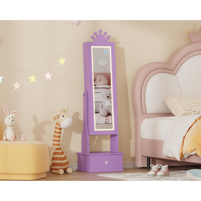Armoire à bijoux pour enfants avec miroir pleine longueur et lumière DEL, armoire à bijoux pour enfants avec 3 tiroirs de rangement, organisateur de miroir de coiffeuse autoportant pour filles, conception durable et portable, mauve