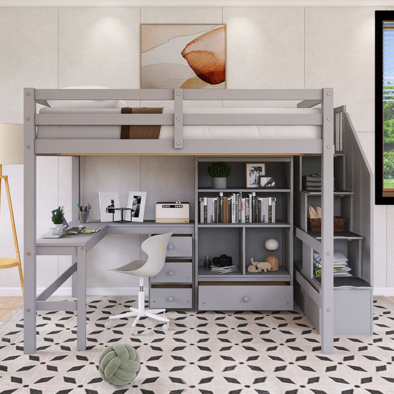 Lit mezzanine double à structure en bois avec bureau en L et tiroirs, armoire, Gris