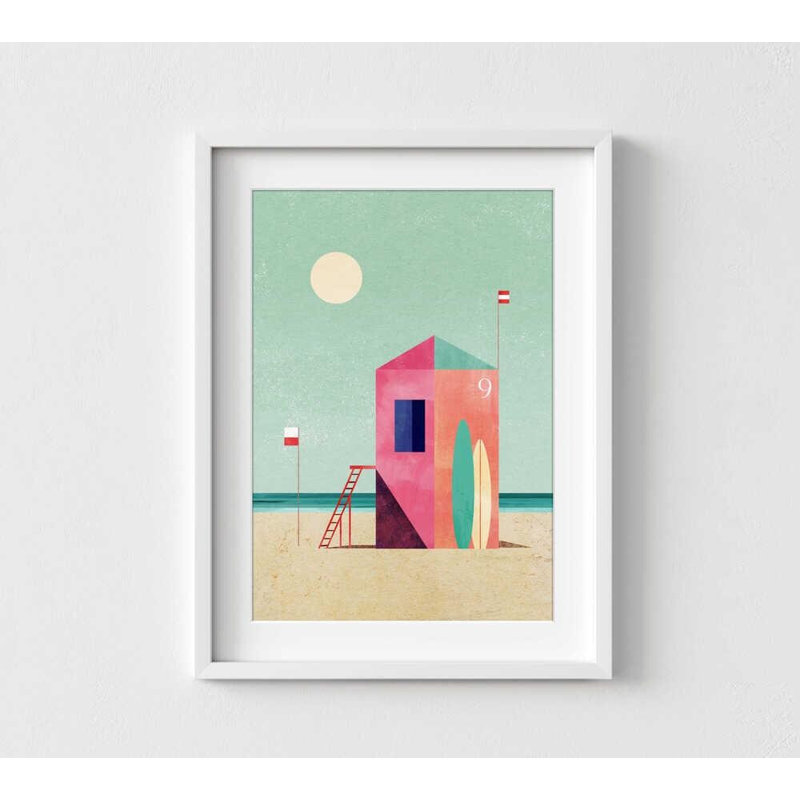 Beach Hut Number Nine Art Print: Coastal Wall Decor, Framed or Unframed, 12" H x 16" W, White, Blanc, White
