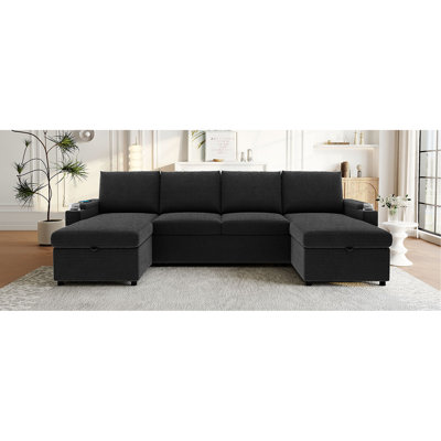 Canapé-lit convertible avec canapé-lit modulaire en forme de U 109,5 po avec méridienne de rangement, porte-gobelets, ports USB et boîtes et poches de rangement pour le salon, noir