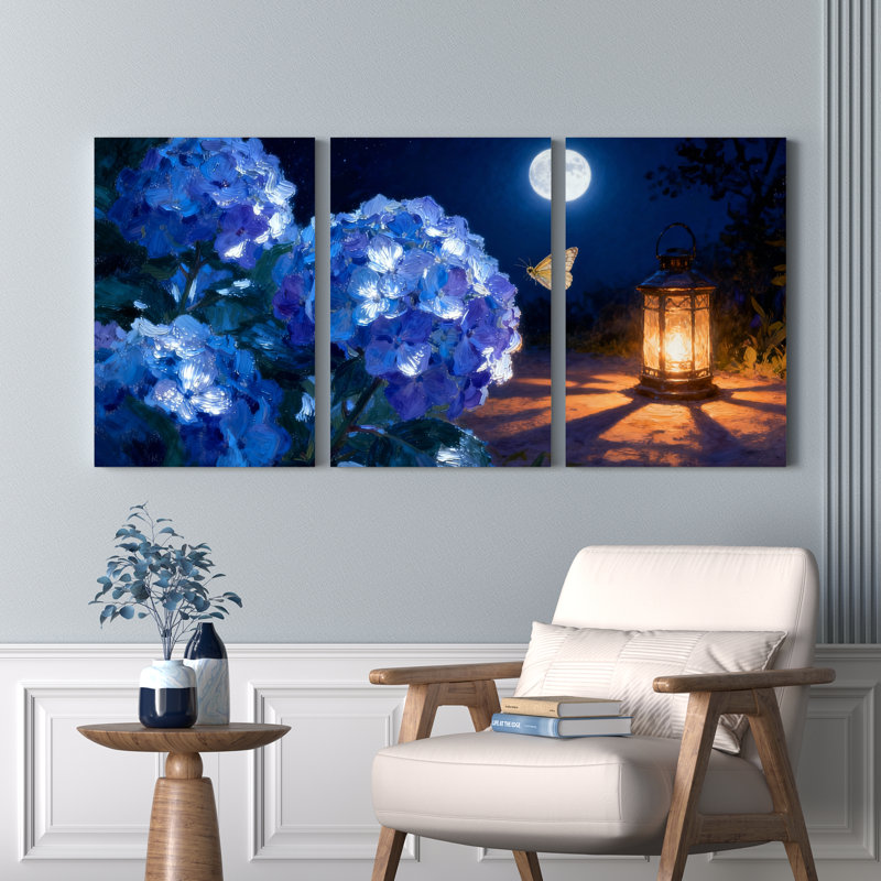 «Blue Hydrangea and Moonlit Lantern», reproduction d'art sur toile tendue sur toile (ensemble de 3), H 18 po x l 36 po