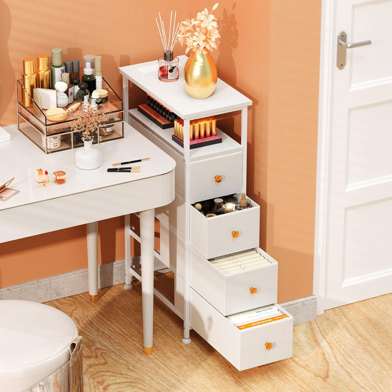 Narrow Bedside Table with USB Port, 4 Drawers Storage Cabinet, Nightstand with Power Socket