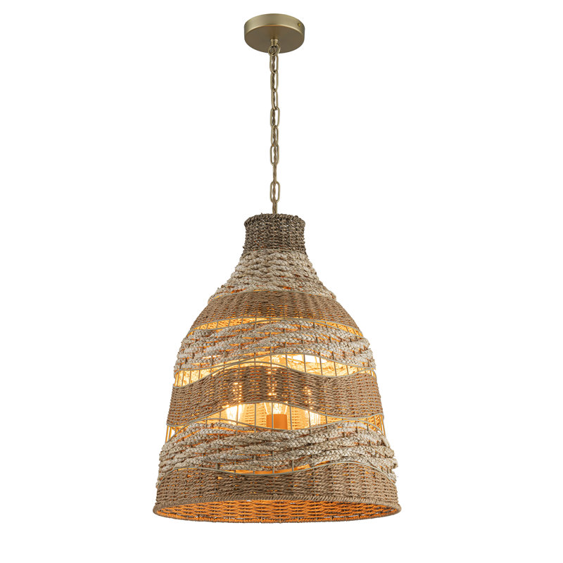 Clesta 3-Light Natural Woven Bell Pendant Light In Brass Coastal Chandelier
