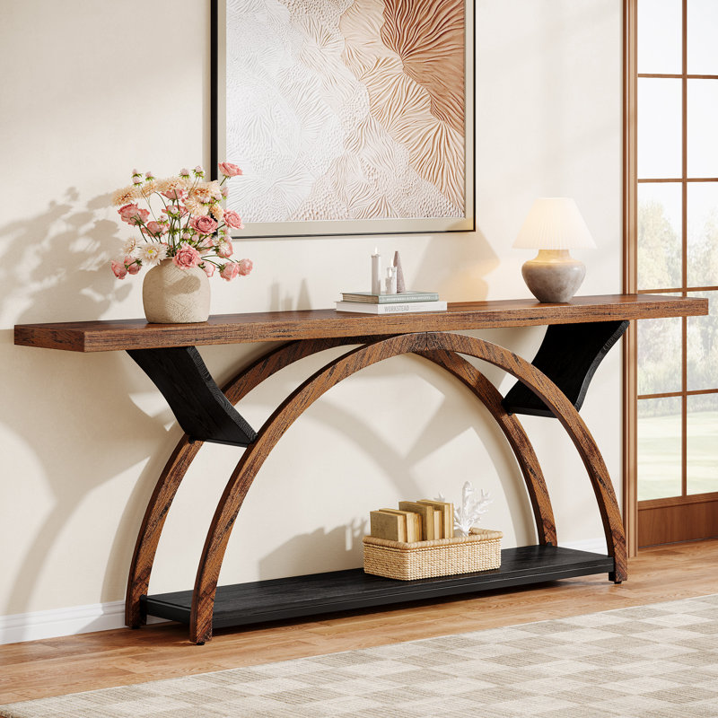 Console 70,87 po avec tablette de rangement, canapé industriel rustique avec cadre en demi-lune pour le hall d'entrée ou le salon