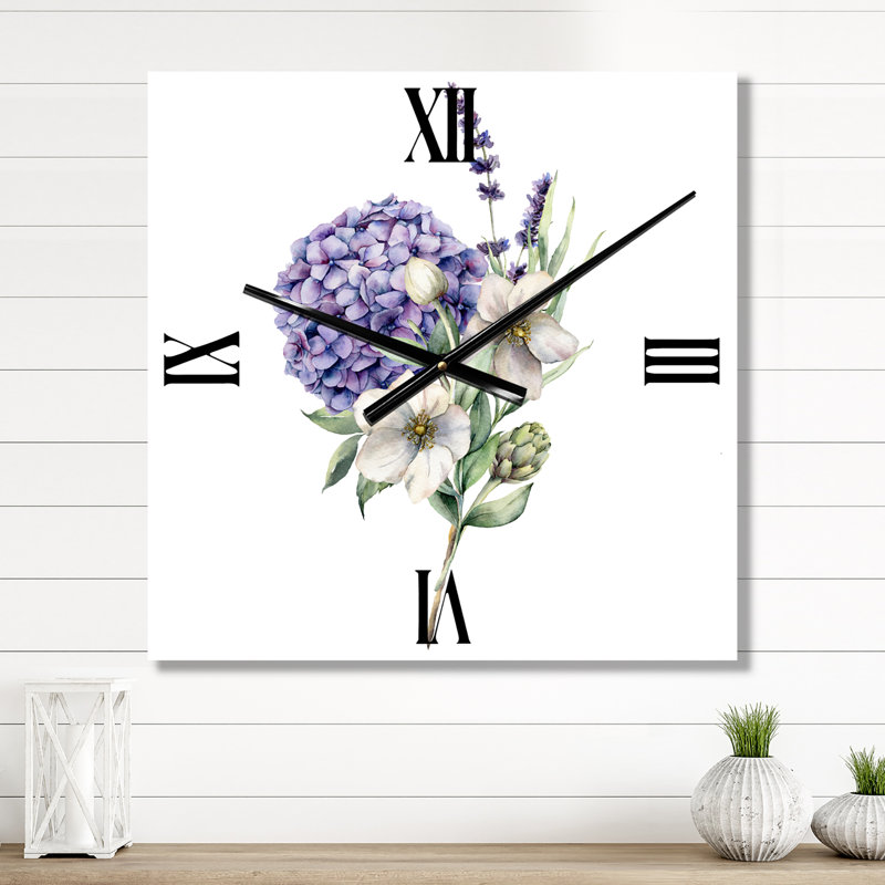 Horloge murale Bouquet d'hortensias, anémone, artichaut et lavande, Grand