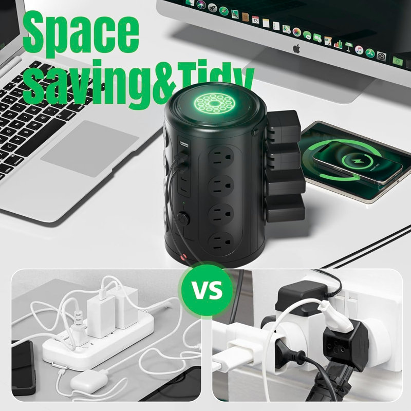 6FT Tower Power Strip with 16 Outlets & 5 USB Ports | Surge Protection | Fast Charging Station | Space-Saving Vertical Design | Silver