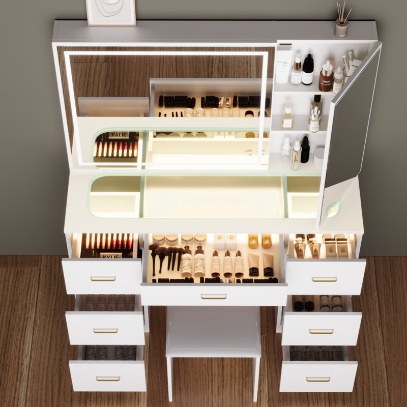 Ensemble de coiffeuse avec miroir éclairé, très grande coiffeuse à miroir avec 7 tiroirs et tabouret rembourré, coiffeuse avec tiroirs, bureau de coiffeuse de chambre à coucher (plateau de table en verre blanc, grand)