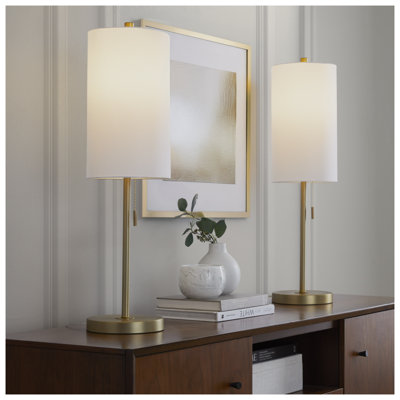 Ensemble de 2 lampes de buffet contemporaines en métal avec port USB, base au fini doré et abat-jour en lin blanc