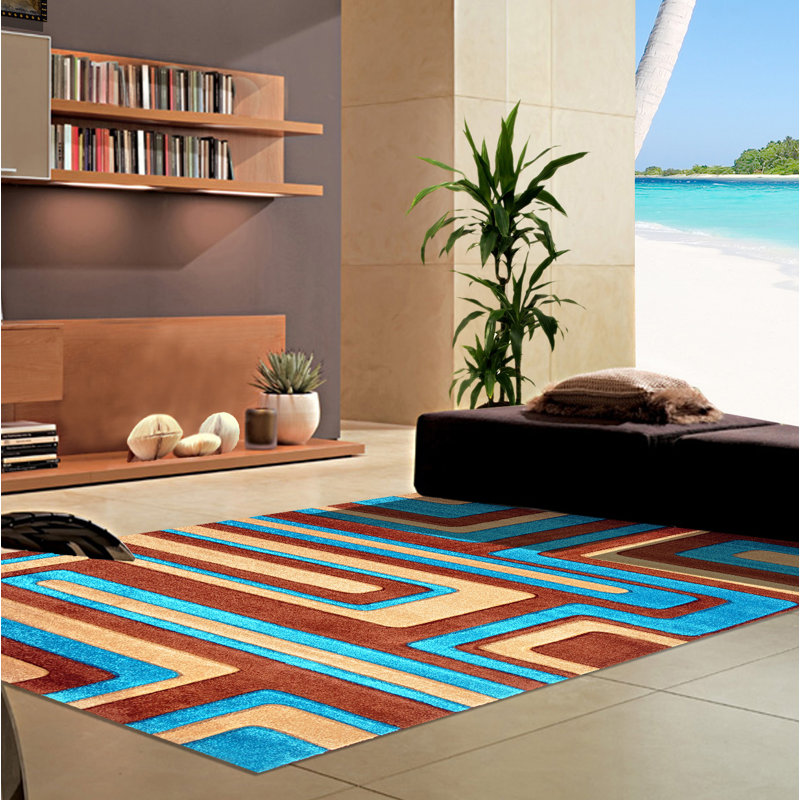 Tapis brun/bleu tissé à la machine Melfa, Tapis de couloir 2 pi 7 po x 14 pi 6 po