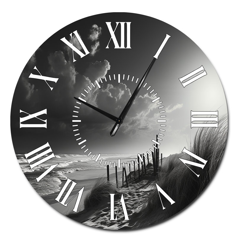 Noir et blanc plage paysage II - horloge murale bord de mer plage blanche, Surdimensionné