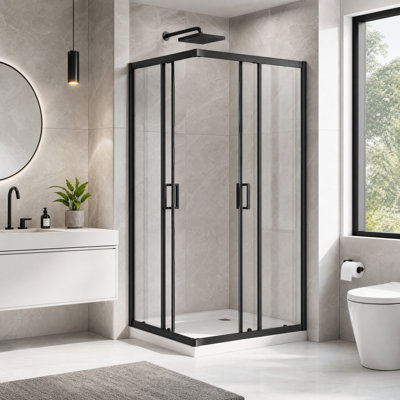 Porte de douche coulissante en coin P 36 po x l 36 po x H 72 po ZHOWI, cabine de douche à cadre en aluminium avec panneaux en verre trempé clair de 1/5 po (5 mm) de couleur GCCG, finition noir mat
