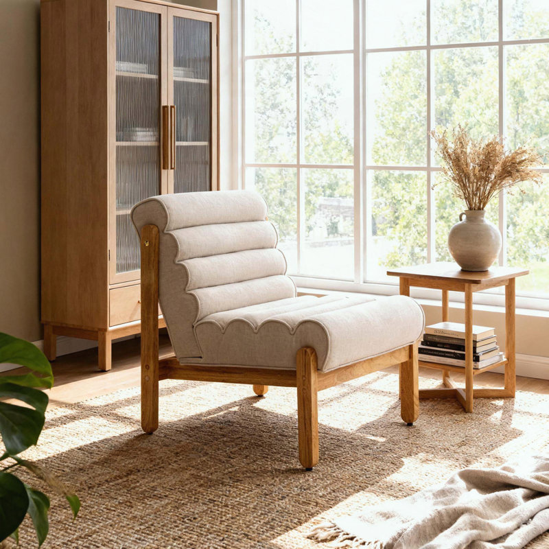 Ebern Designs Fluffy Shearling Accent Chair, Natural Solid Wood Frame ...