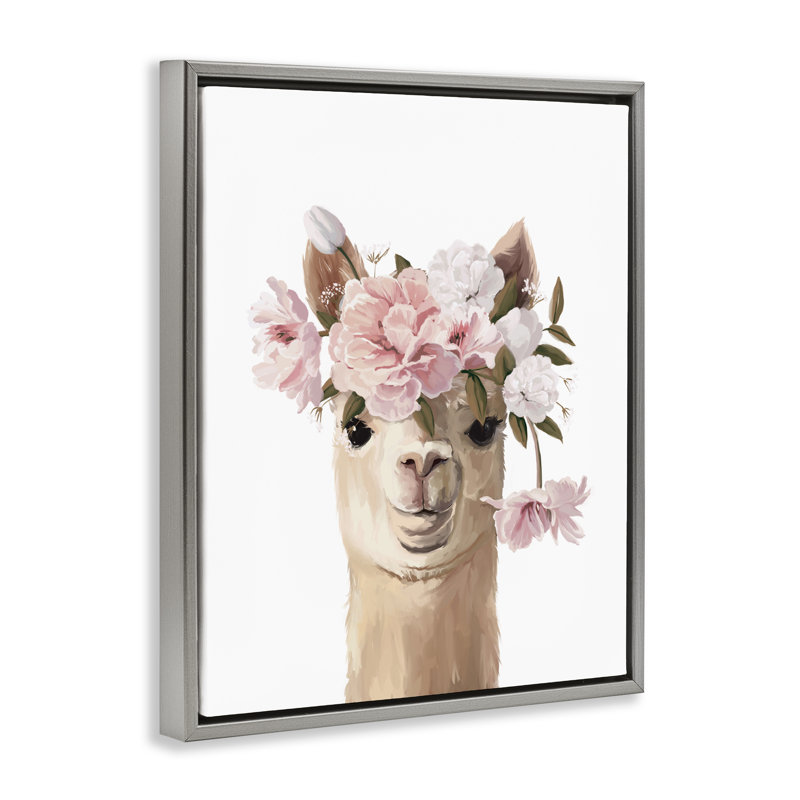 Llama with Soft Flowers Floating Frame, design by Anna Lischenko, 21" H x 17" W, Luster Gray Floater Frame