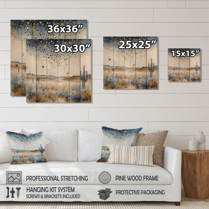 Nuit étoilée au-dessus du désert I - Art mural en bois cactus floral sur bois de pin naturel, H 25 po x l 25 po