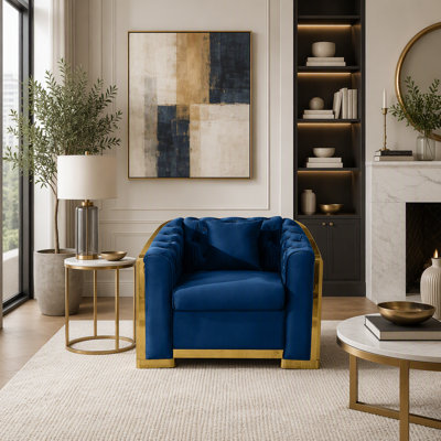 Canapé une place en velours capitonné de 102 cm (40,2 pouces) avec décorations en acier inoxydable doré et 1 coussin.