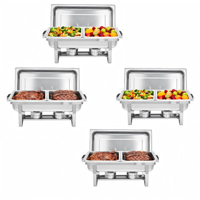 Ensemble de chauffe-plats professionnel en acier inoxydable - taille double, compartiments doubles, chauffe-plats empilables pour la restauration, les fêtes, les mariages, les événements - Équipement de chauffage durable - 4 pièces