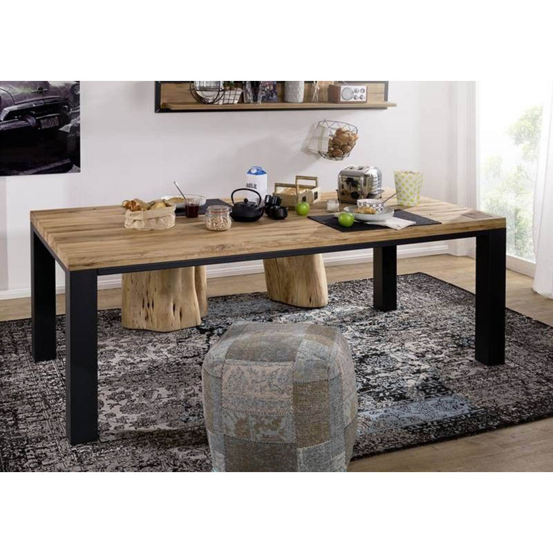 Villanders Oak Solid Wood Top Metal Base Dining Table, Ecru, 76cm H x 260cm W x 100cm D