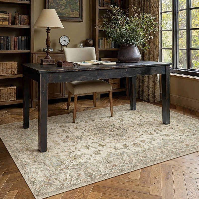 Machine Washable Vintage Oriental Area Rug With Non-Slip Backing, Rectangle 3' x 5'