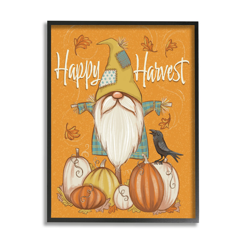 Happy Harvest, épouvantail, gnome saisonnier, citrouille et corbeau noir, estampe numérique encadrée de Figgy Pudding Designs