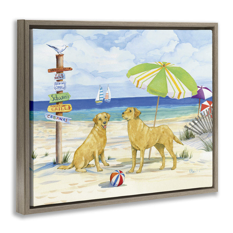 «Dog Beach Day», art mural encadré par Paul Brent, Cadre flottant orme Montalcino, H 25 po x l 31 po