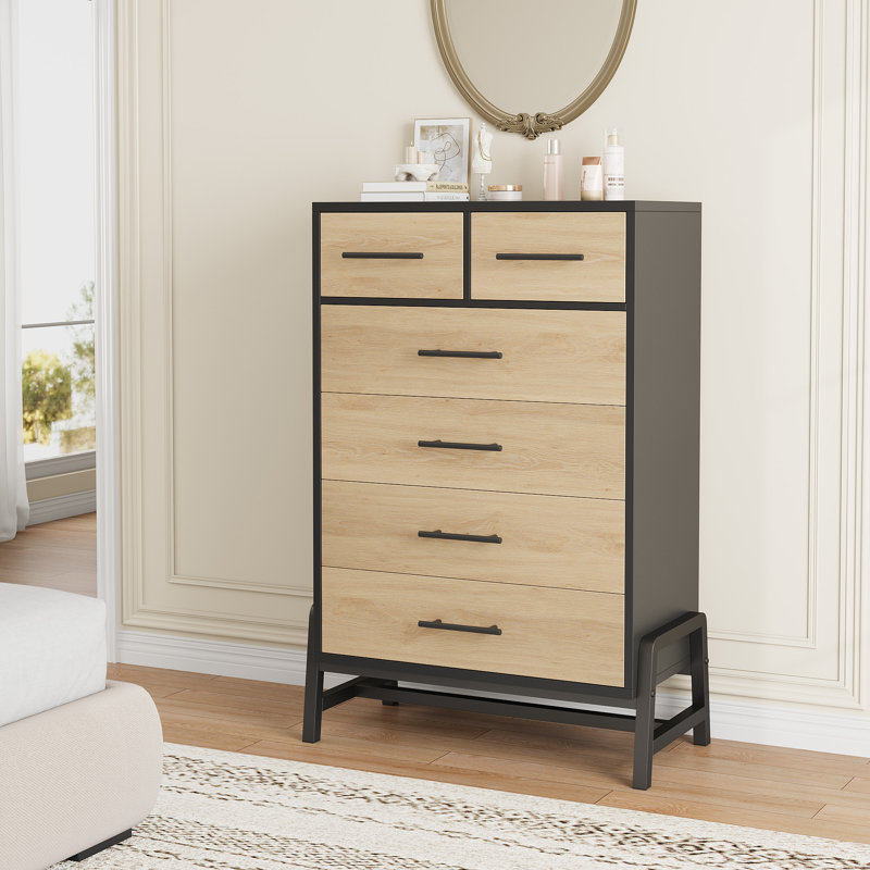 Commode 6 tiroirs de 46,6 pouces de hauteur avec pieds et robot aspirateur. Armoire de rangement en chêne naturel, Tanné