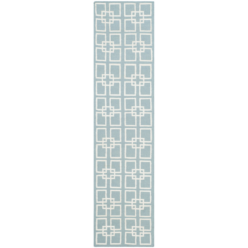 Martha Stewart Flat Weave Wool/Silk/Cotton Geometric Rug in Geyser Blue, Runner 2'3" x 9'