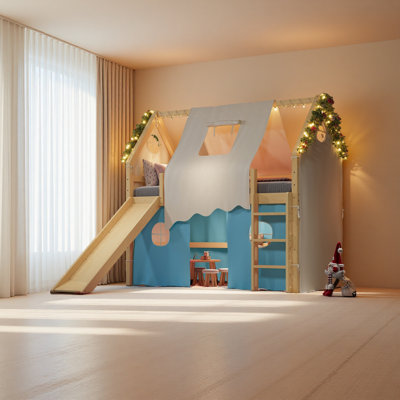 Lit mezzanine House avec rebords et tentes, lit mezzanine en bois massif avec échelles et glissade, design chic avec lumières, aucun sommier