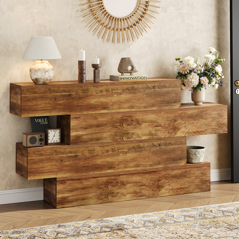 63" Farmhouse Console Table, Modern Sofa Table Behind Couch, 4-tier Storage Entryway Table Hallway Table For Living Room, Rustic Wooden Foyer Table With Staggered Shelves, Unique Design, Walnut Finish