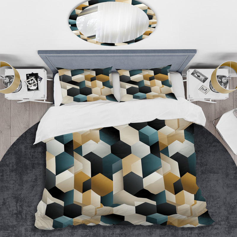 Ensemble de housse de couette orange et gris Hexagons Angularity I, Housse de couette pour grand lit et 2 taies décor