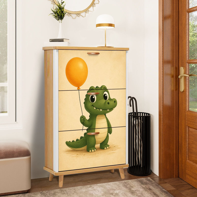 Armoire de rangement pour chaussures avec 3 tiroirs rabattables pour un mignon crocodile tenant un ballon orange