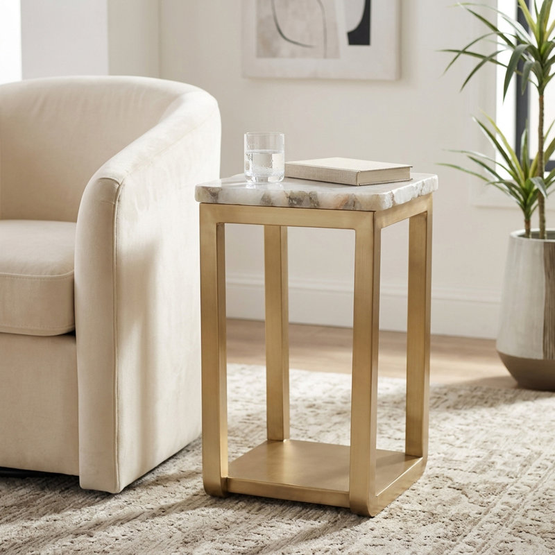 Table d'appoint contemporaine en pierre d'agate pour le salon - Table d'appoint carrée et étroite avec piètement en fer - 63,5 cm, blanc et or