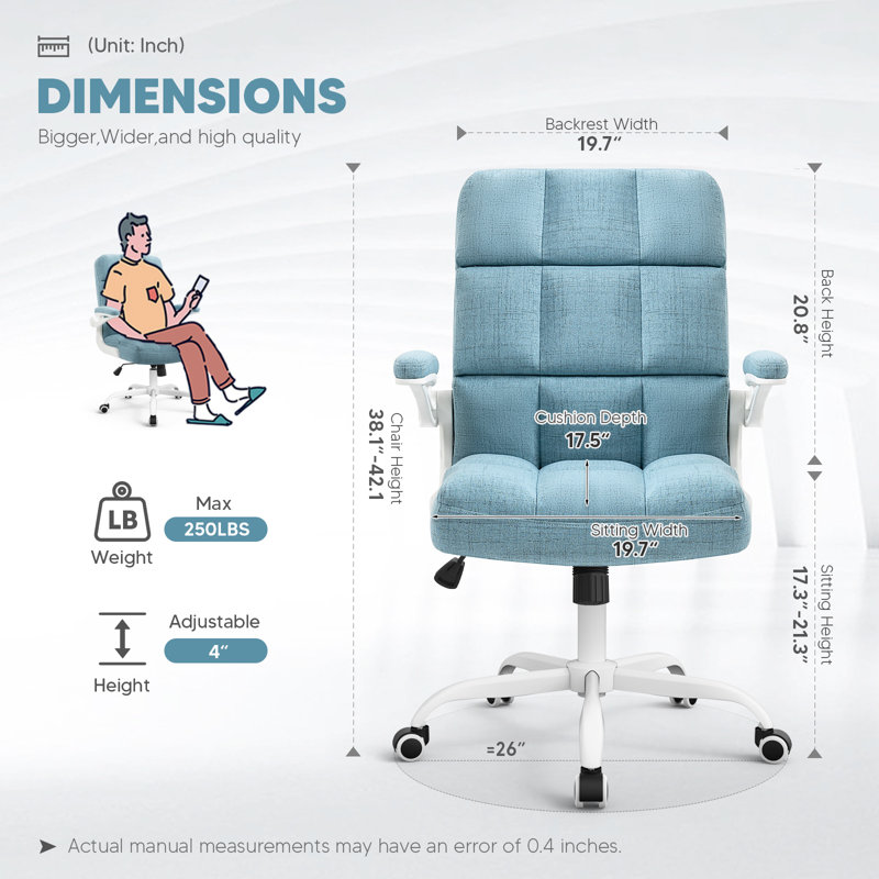 Ergonomic Executive Chair, White, Linen, Light Blue