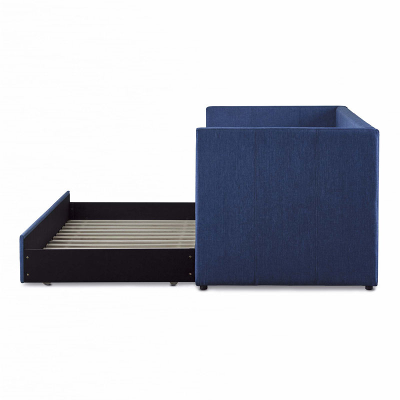Fabric Upholstered 1pc Day Bed with Pull-out Trundle, Blue