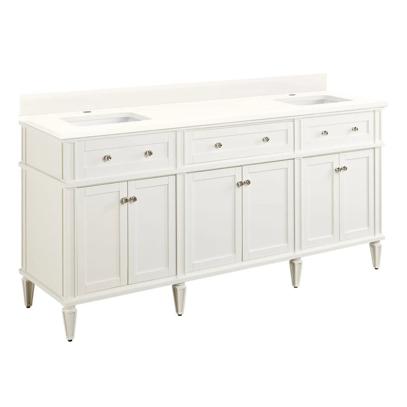 72" Elmdale Double Bathroom Vanity Set with Rectangular Undermount Sinks, Arctic White Quartz, Single Hole, Soft White