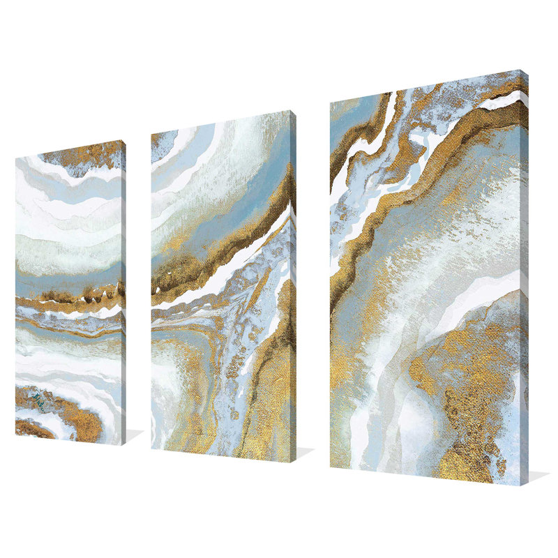 Agate bleue - Ensemble de 3 peintures sur toile tendue, H 32 po x l 48 po x P 0,75 po