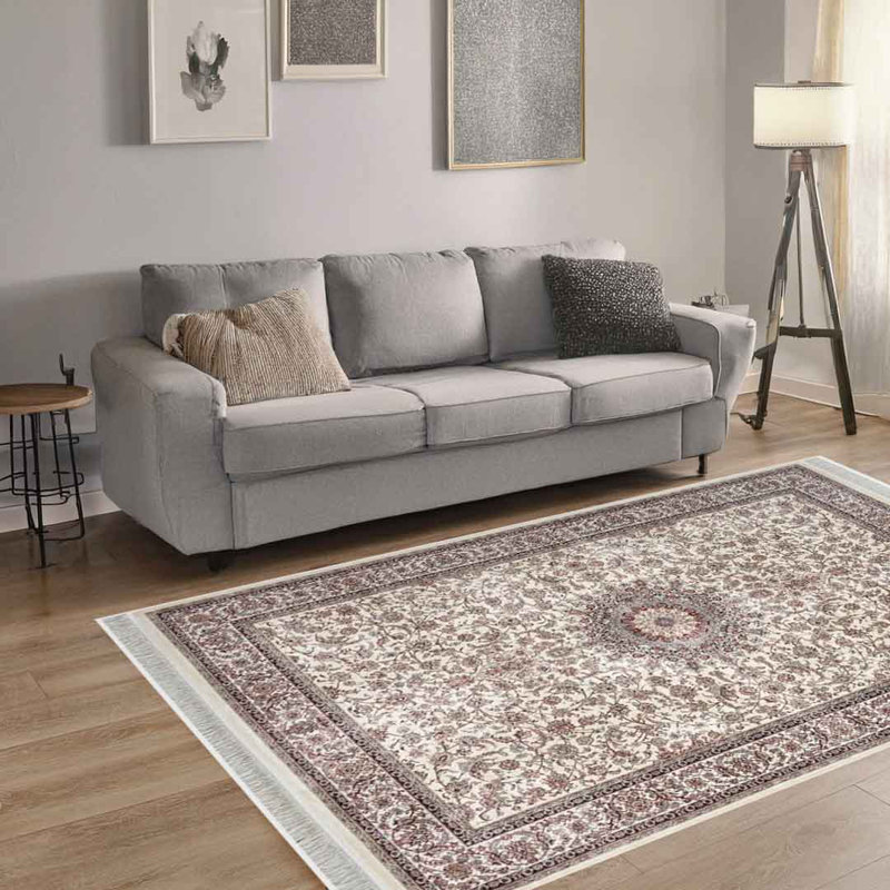 Minyatur Cream Medallion Area Rug – 100% Viscose, Low-Pile Woven Carpet for Living Room, Bedroom, or Hallway