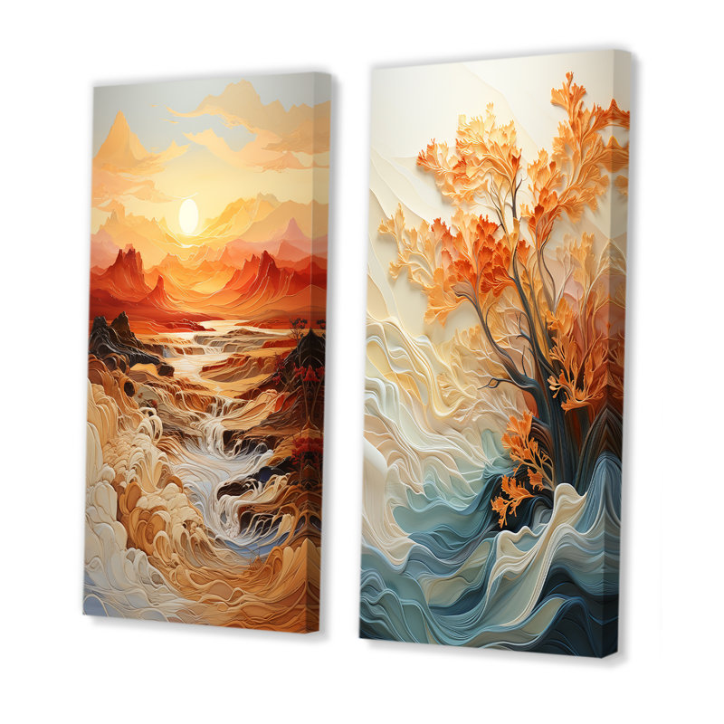«Orange Bold Waterfall Sunrise I», ensemble de 2 reproductions d'art abstrait, Toile tendue, H 28 po x l 25 po