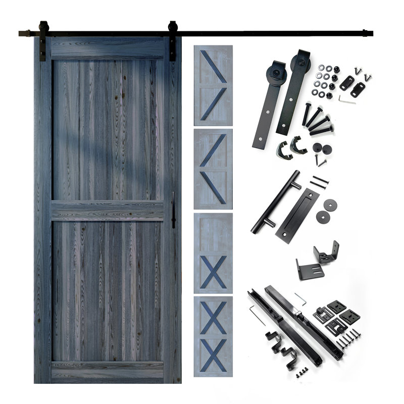 Porte en bois de pin massif 5-en-1 de conception 80 po avec quincaillerie d'installation rustique noire 5 en 1, Bleu marine