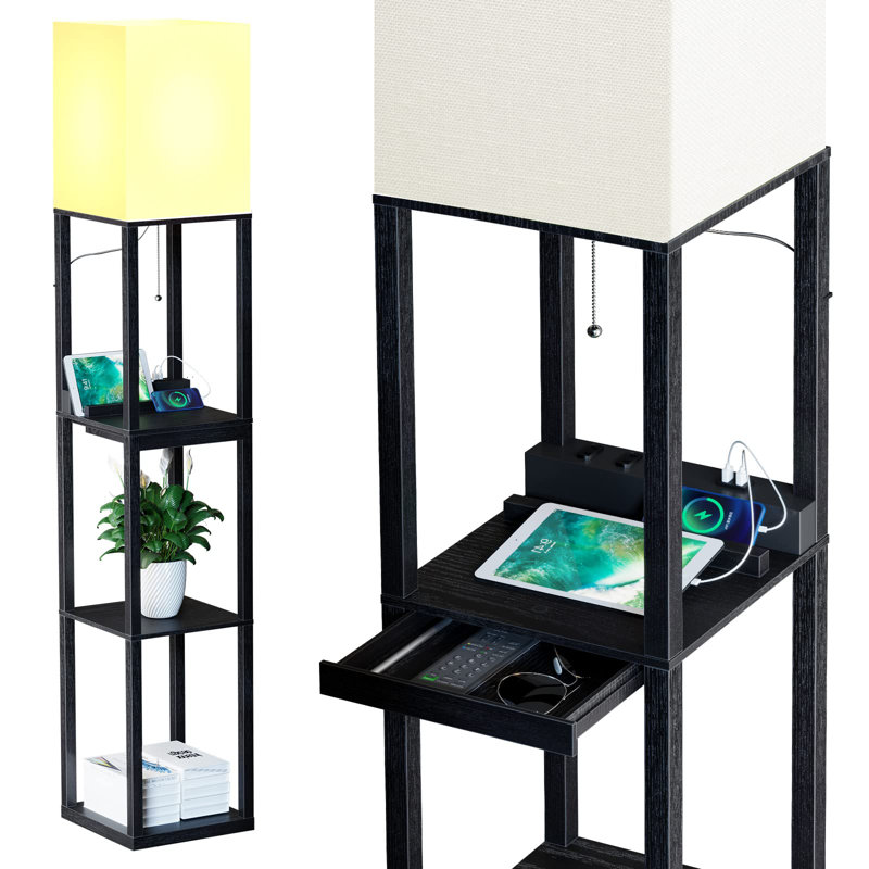 Dimmable Floor Lamp With Shelves,Modern Solid Wood Standing Lamp With 1 Drawer And 2 USB Ports & 2 Power Outlet,Corner Tall Bookshelf Lamp