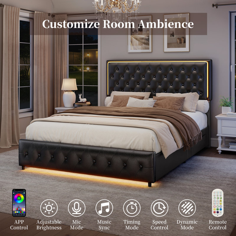 Upholstered Drawers Bed Frame, Double(4'6), Black, PU
